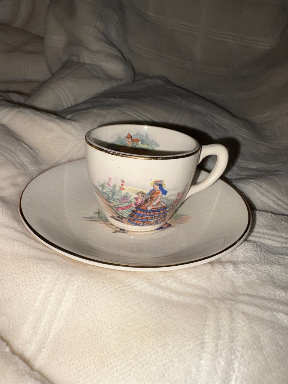 Vintage White Porcelain Demitasse Teacup & Saucer with Victorian Mom & Daughter
